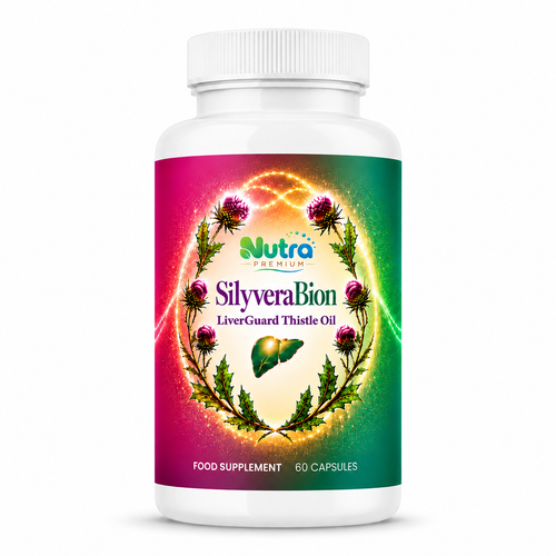 Бял флакон SilyveraBion LiverGuard Thistle Oil с 60 капсули, масло от бял трън и етикет в розово-зелени тонове с изображение на бял трън и черен дроб.
