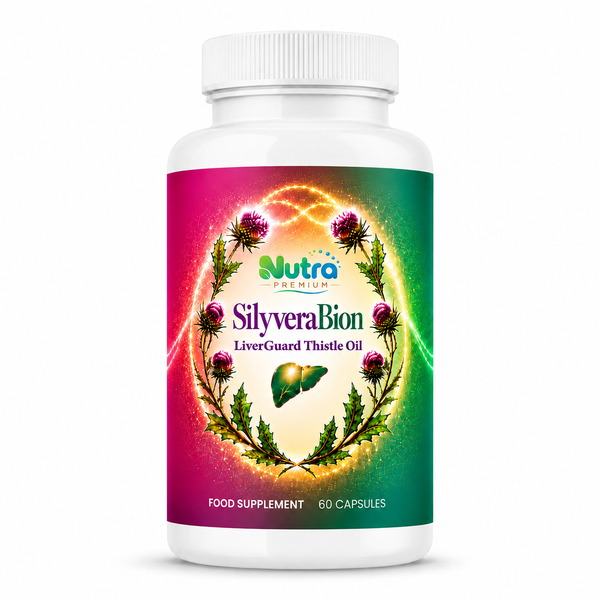 Бял флакон SilyveraBion LiverGuard Thistle Oil с 60 капсули, масло от бял трън и етикет в розово-зелени тонове с изображение на бял трън и черен дроб.