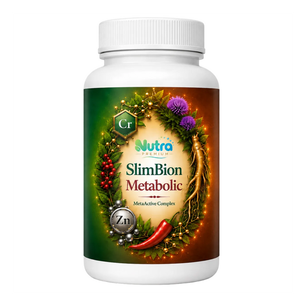 Бял флакон SlimBion Metabolic MetaActive Complex от Nutra Premium с етикет в зелено и оранжево, хром, цинк, люта чушка и ботанически елементи.